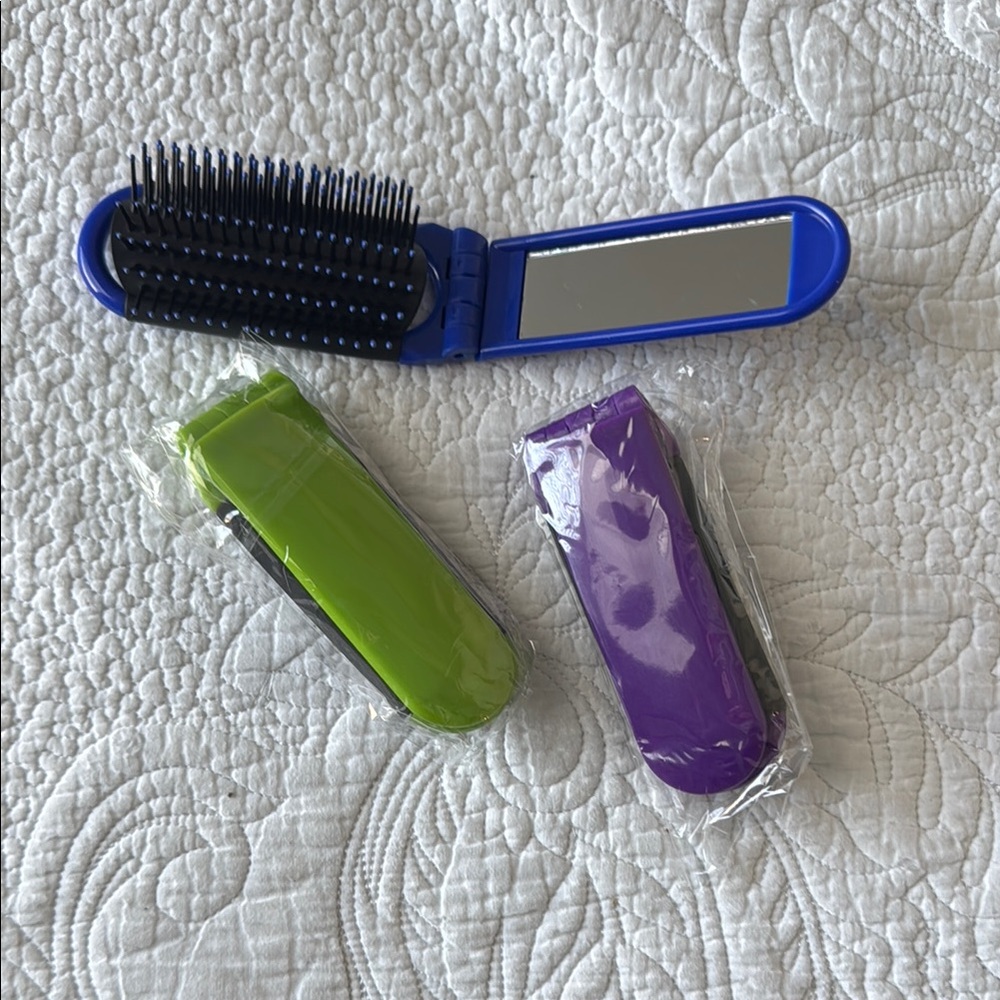 Compact Folding Hair Brush Set - Blue, Green, Purple